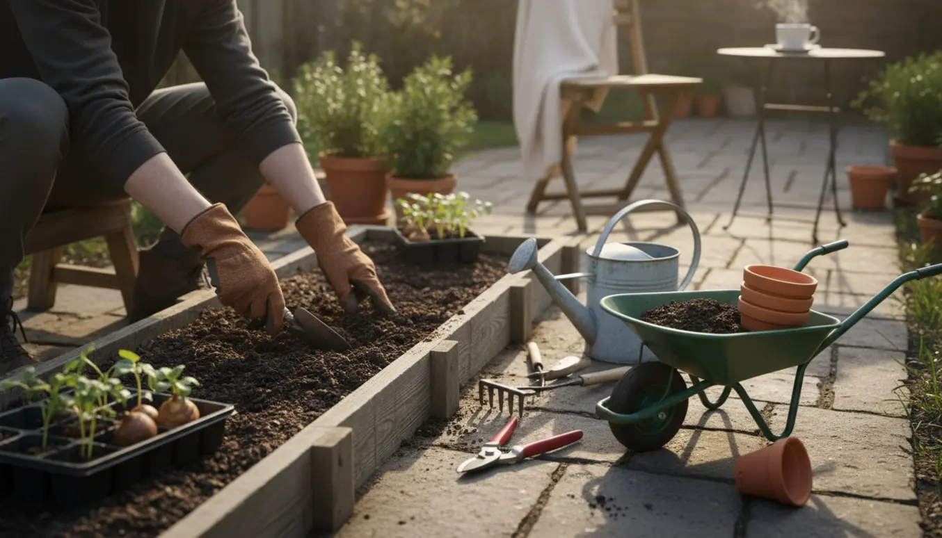 Nærbillede af handsker og haveredskaber, der forbereder en meget lille baghave til foråret.