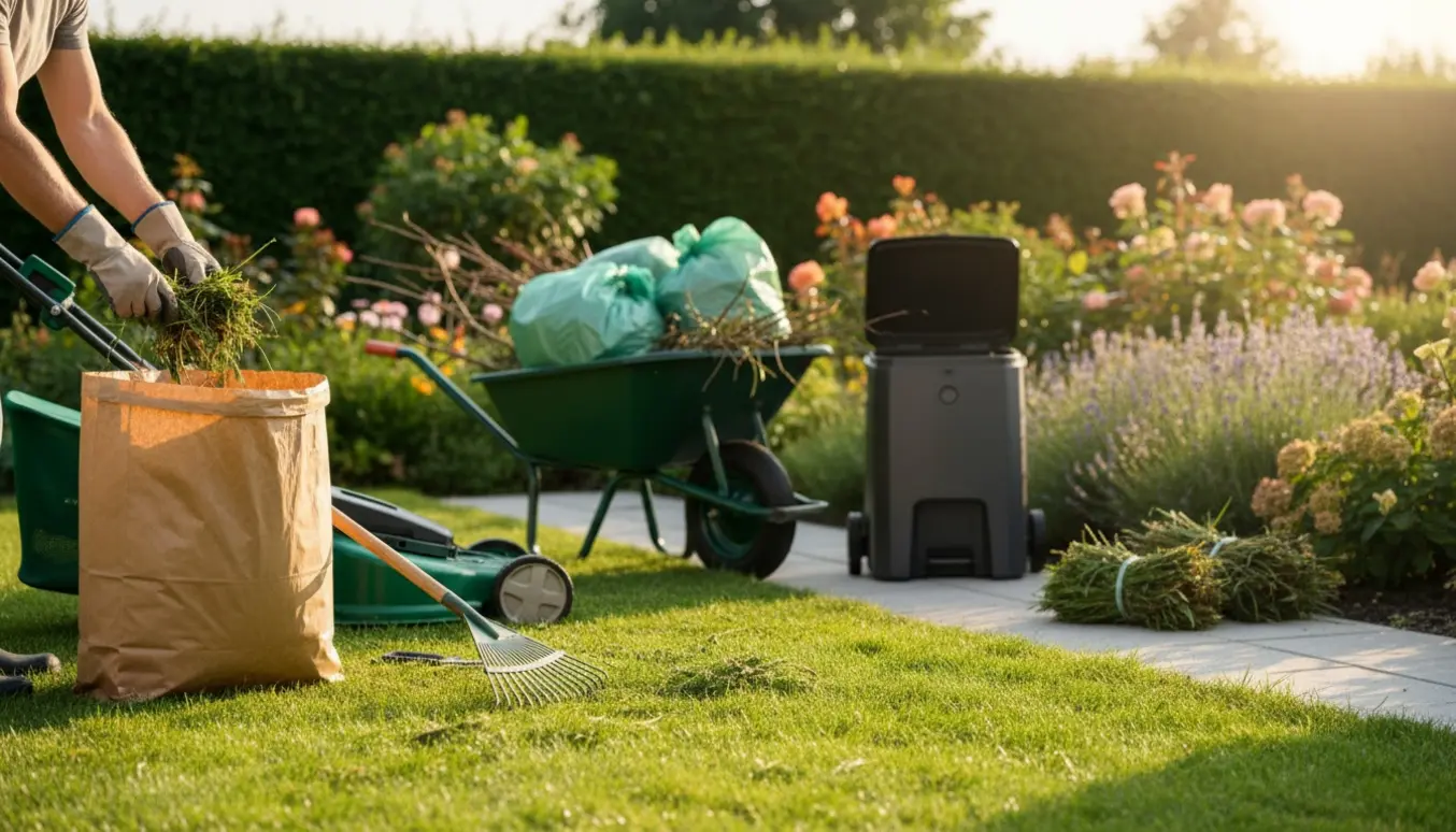 Nærbillede af havearbejde med handsker, rive, plæneklipper og poser med haveaffald i en solrig baghave.