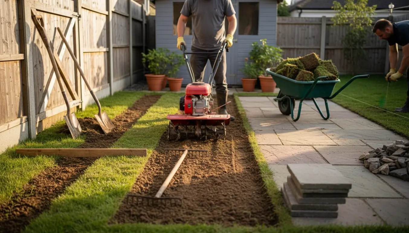 En baghave med en lille havefræser og værktøj, hvor jorden er fræset og stykker af fliser og jord er lagt til side.