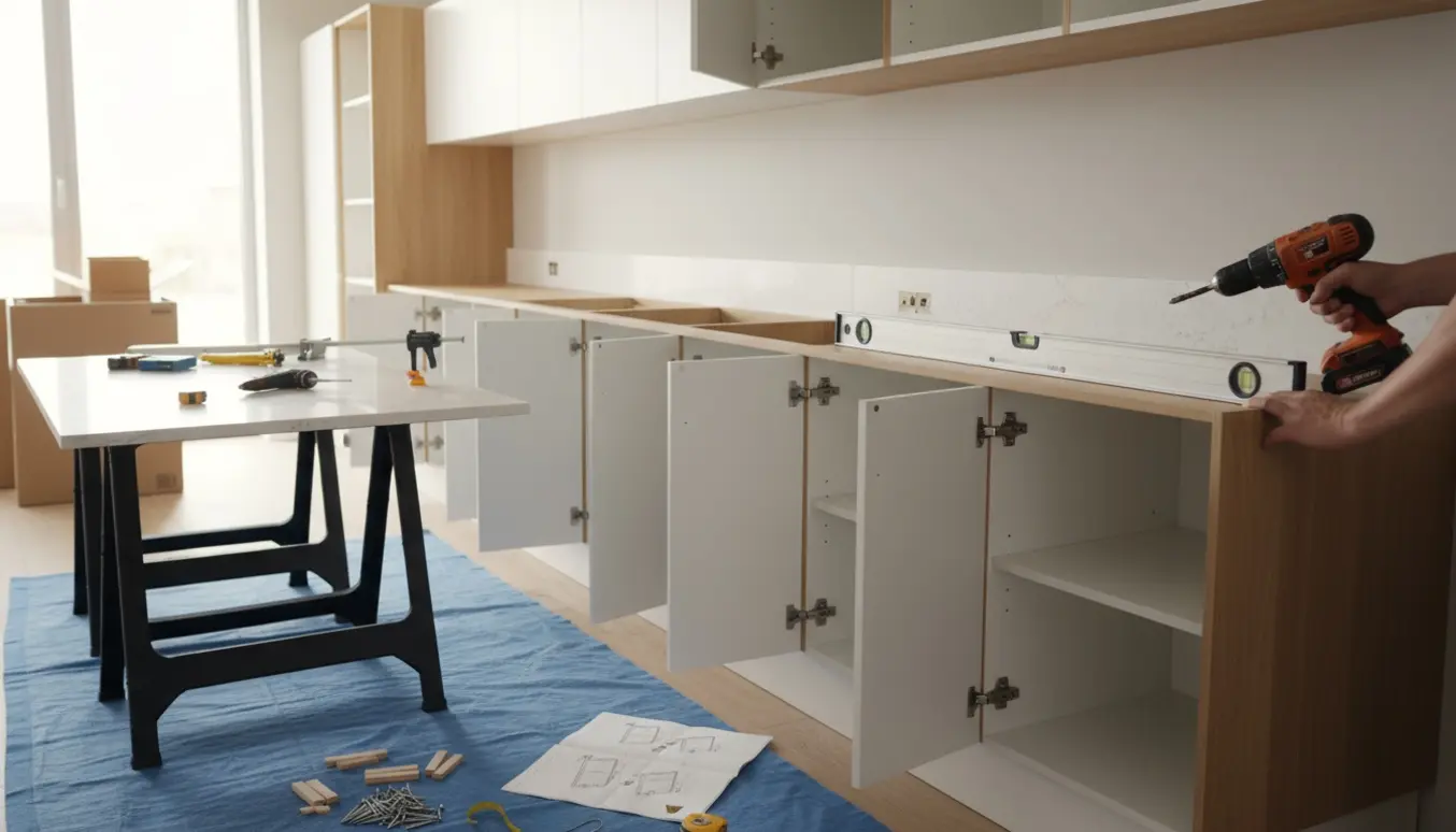 Installatører monterer 14 køkkenelementer med værktøj og en bordplade i et lyst køkken under opbygning.