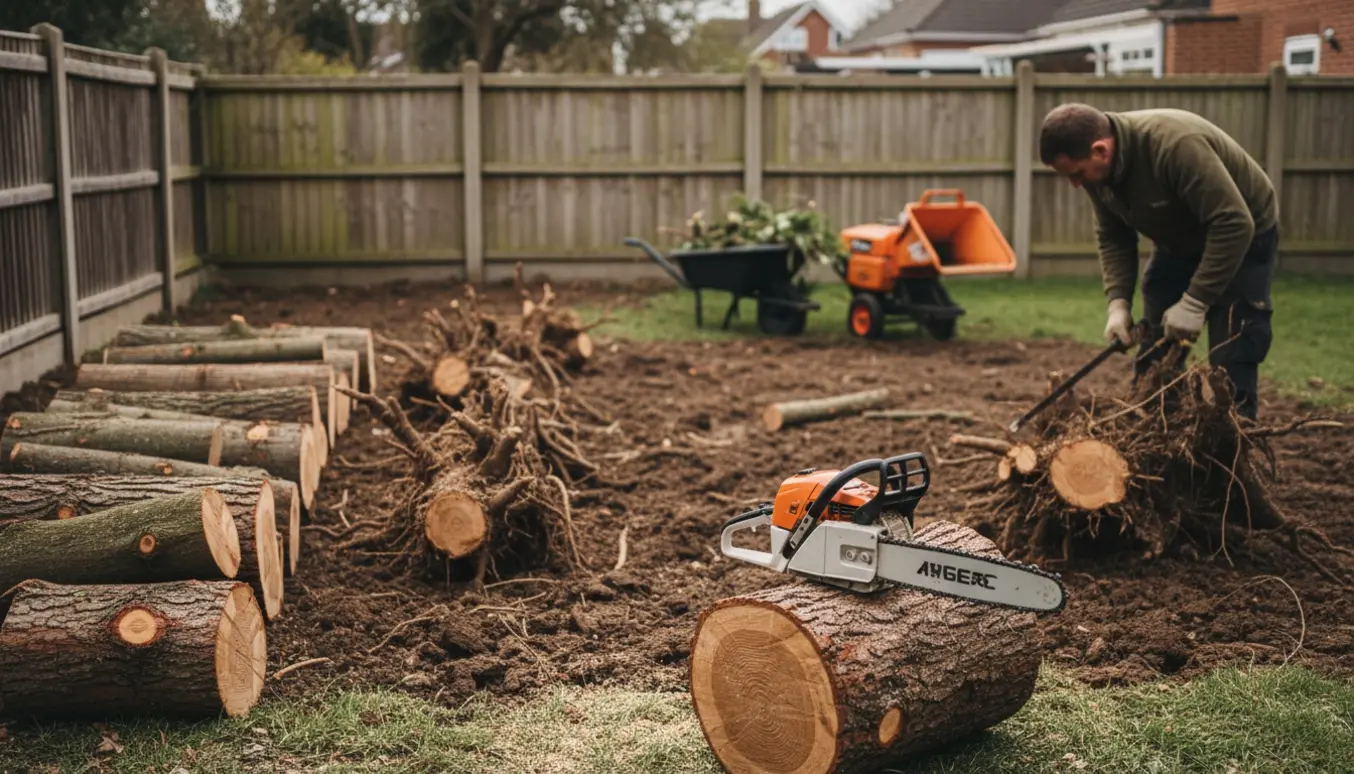 Bunker af nedsavede træstammer, store rodklumper og værktøj i en have klar til bortskafning.