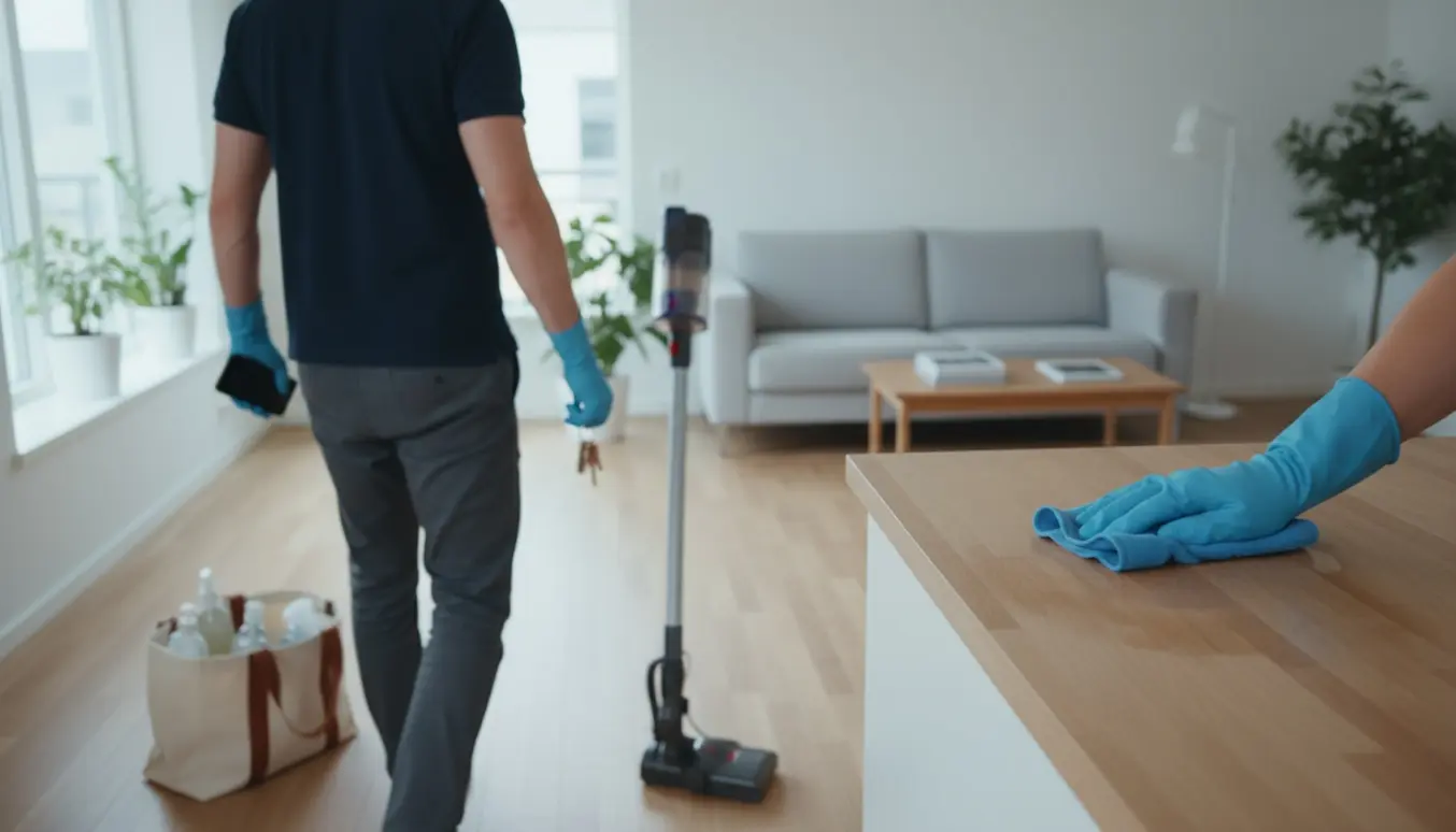 Professionel rengøringshjælp ankommer til en lys, skandinavisk lejlighed med rengøringsudstyr og rene overflader.