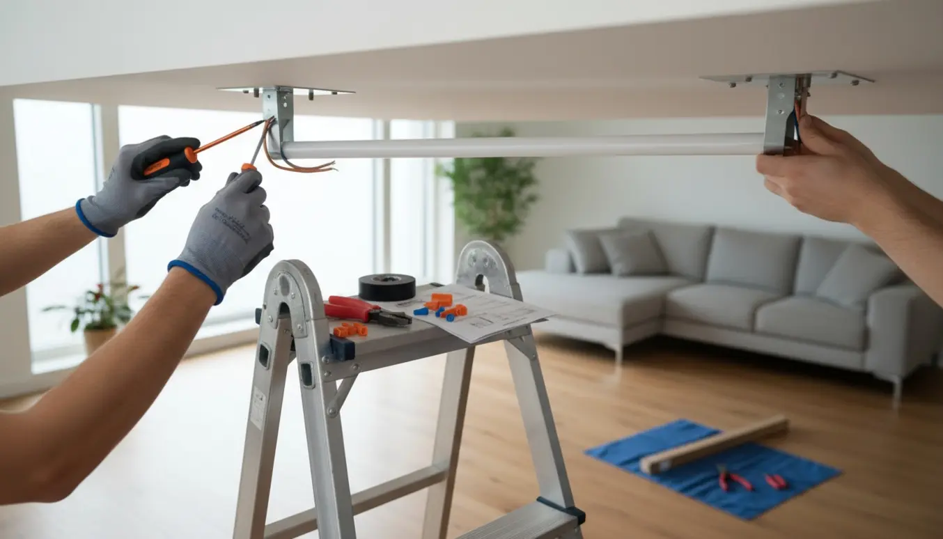 Nærbillede af hænder der monterer en loftlampe og udskifter et lysstofrør fra en stige.