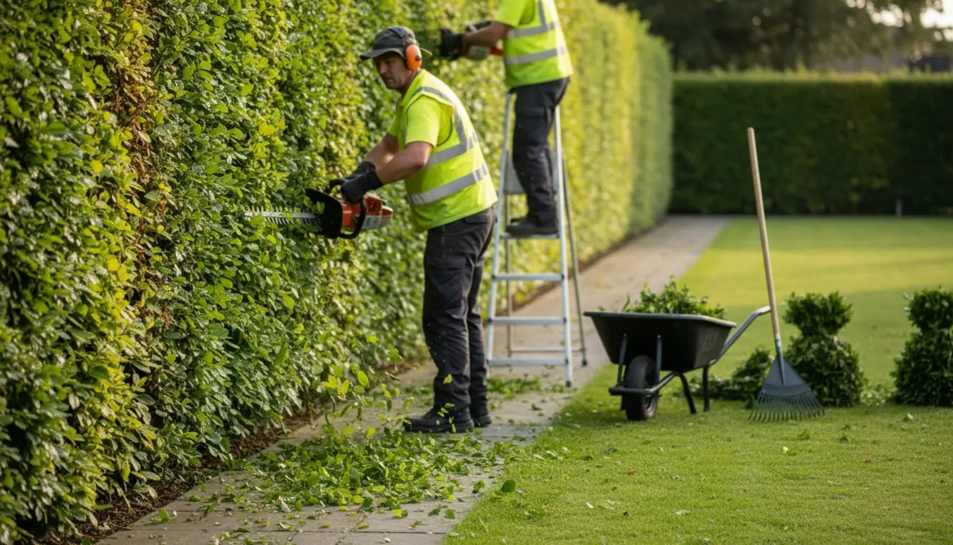 Lang bøgehæk i haven bliver klippet med hækkeklipper, haveredskaber og friske afklip i forgrunden.