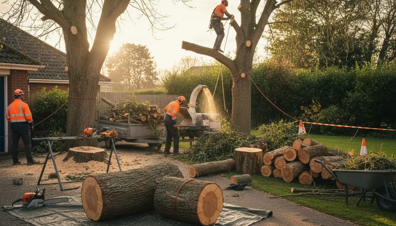 To træer fældes i en forhave med sav, flishugger og stakke af skårne træstammer klar til bortskaffelse.