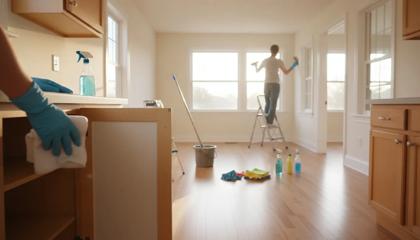 Lyst, tomt hjem med handsker på hænder, åbne skabe og vinduesramme, der bliver gjort rent før hussalg.