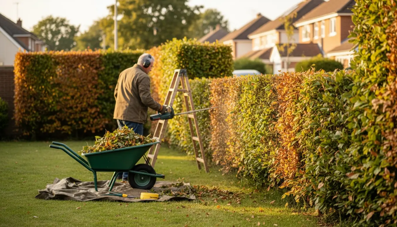 En rygløs håndværker trimmer en gammel bøgehæk til ensartet brysthøjde i en solrig forstadshave.
