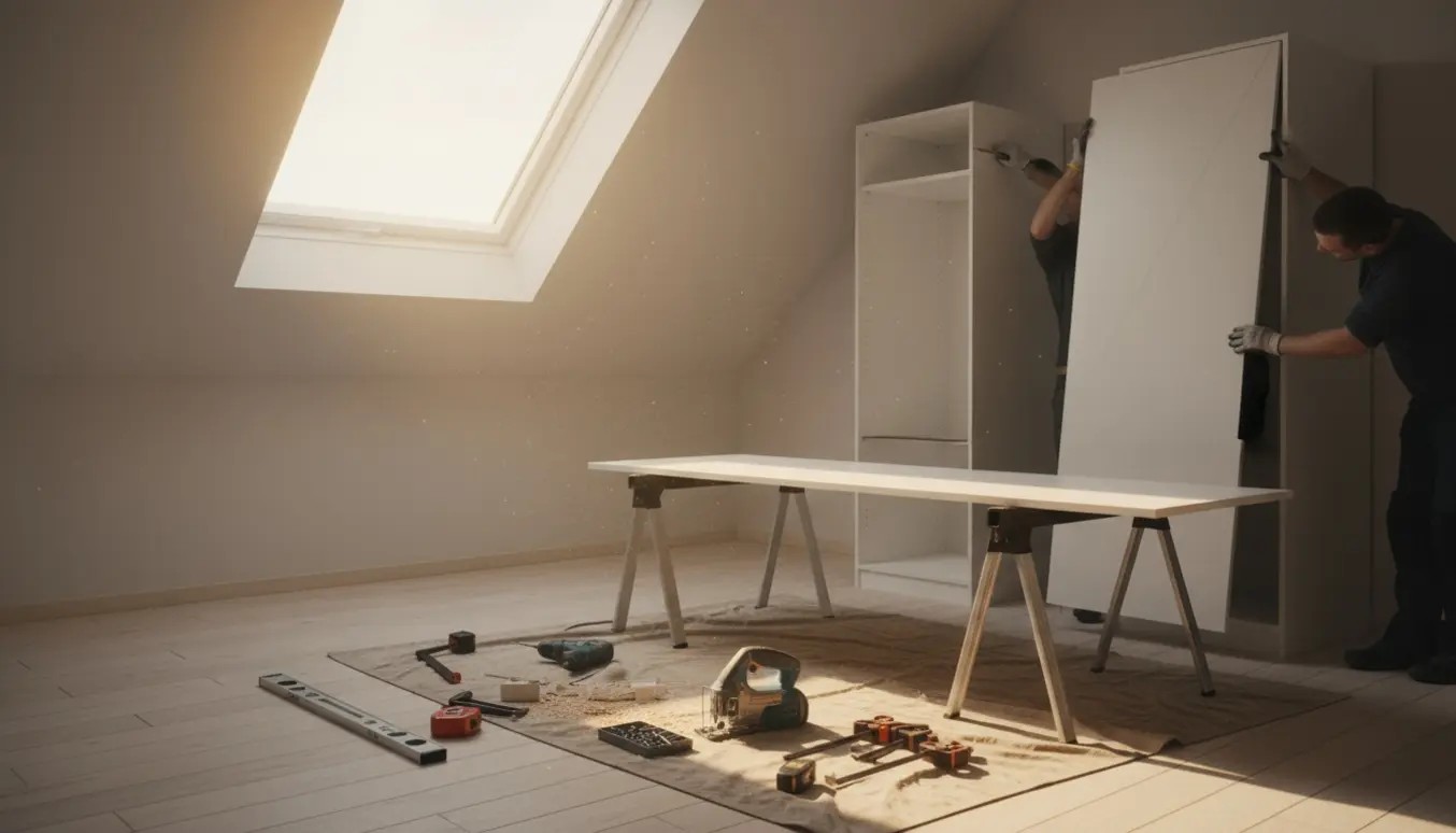 Montør tilpasser og samler PAX-garderobeskabe mod en skråvæg med værktøj og savsmuld rundt omkring.