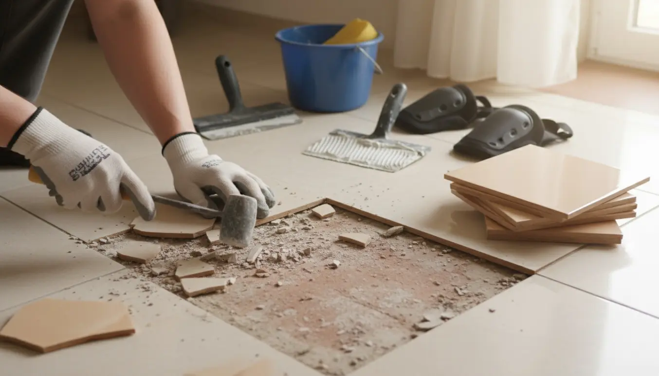 Nærbillede af udskiftning af knækket flise på gulvet med værktøj og nye fliser ved siden af.
