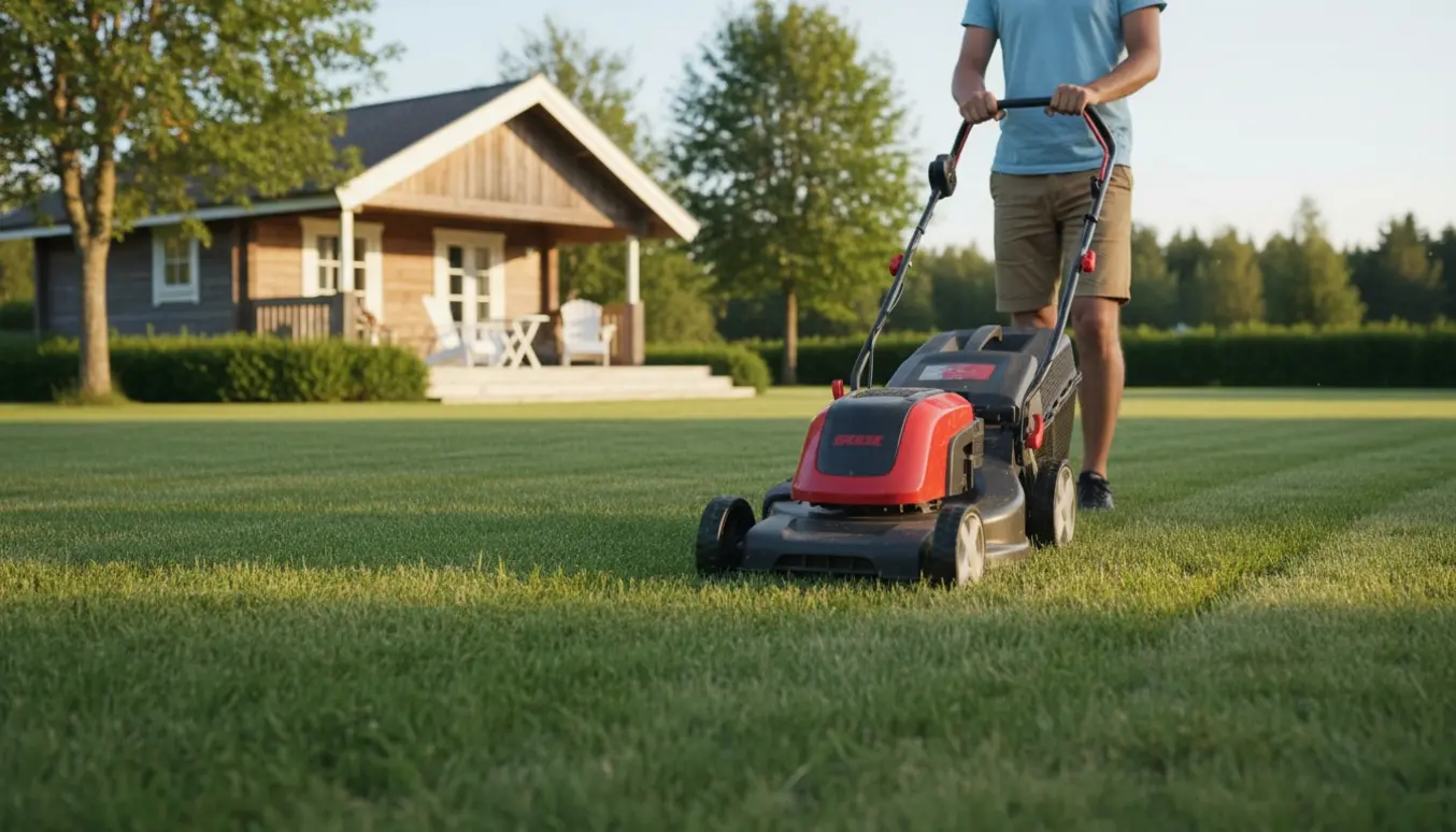 En sommerhusgræsplæne bliver klippet med en plæneklipper, og der dannes pæne striber i græsset foran sommerhuset.