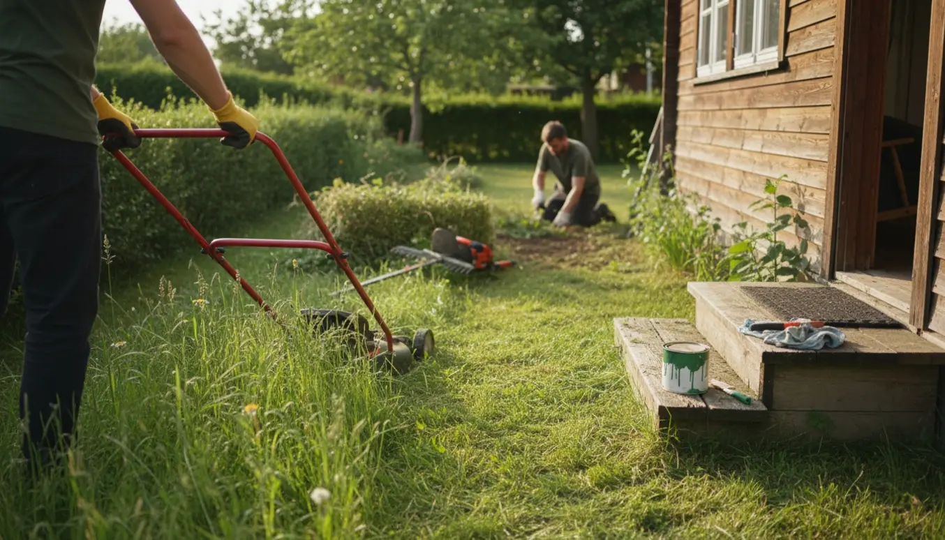 Hænder på en plæneklipper i en kolonihave med højt græs, halvklippet hæk og en malerbøtte ved et lille træhus.
