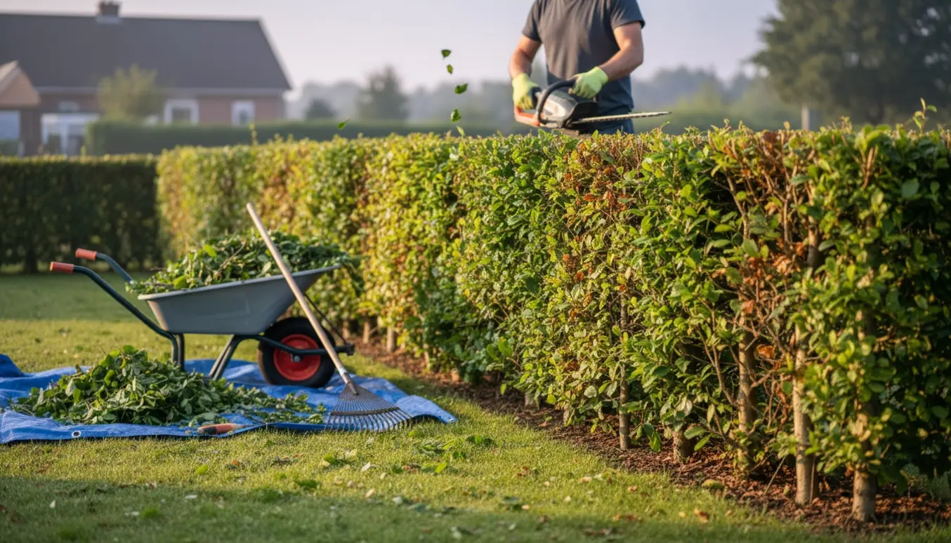 En bøgehæk klippes, og grene samt blade samles i en trillebør.