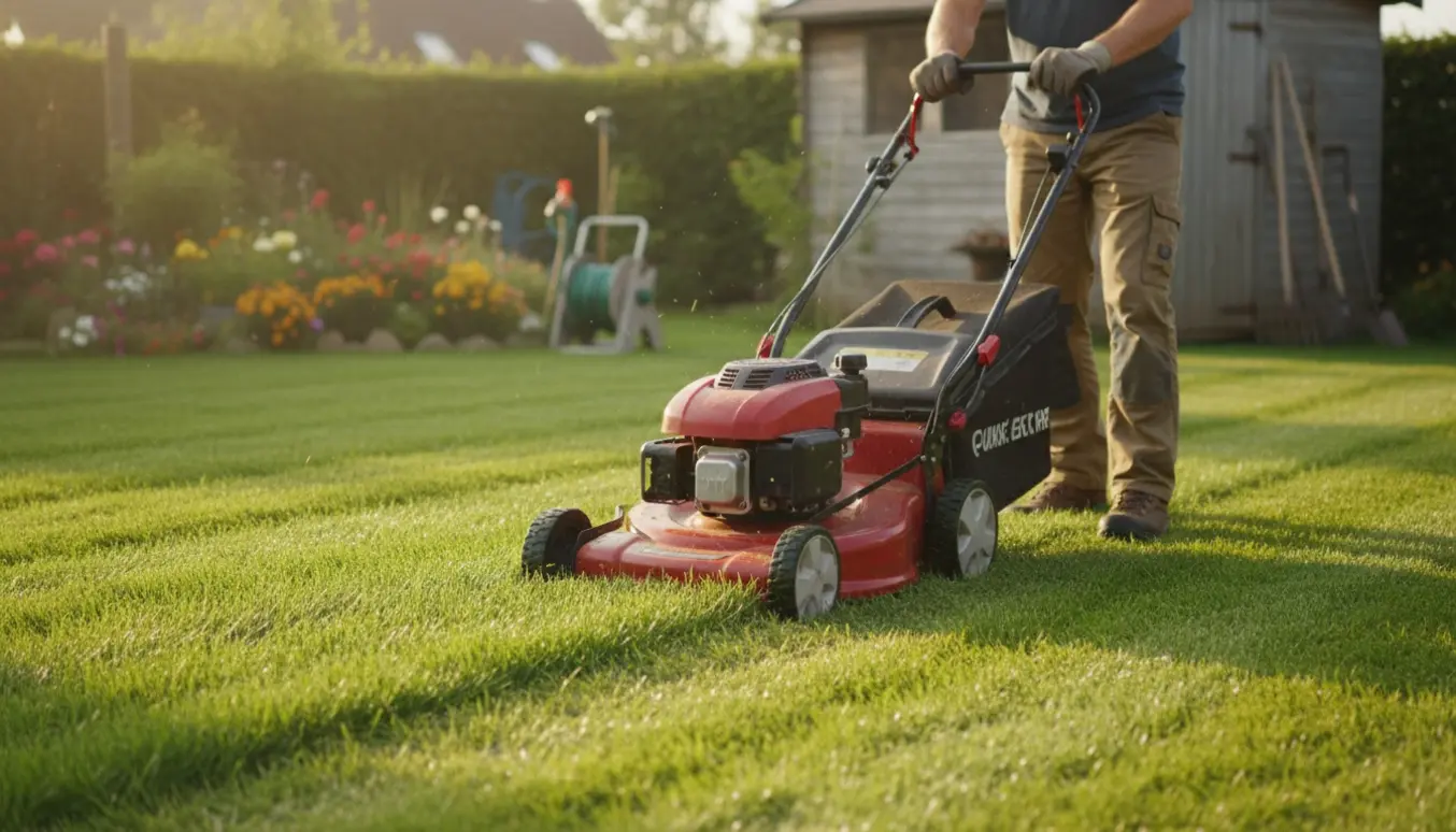 Plæneklipper i arbejde på en baghaveplæne med tydelig kontrast mellem nyslået og uafklippet græs.