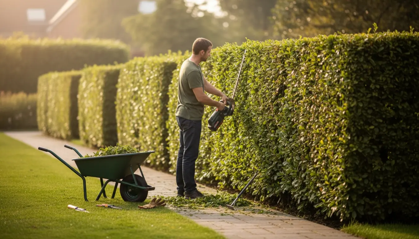 Havearbejder trimmer en lang, 180 cm høj hæk set fra siden med friske afklip og en trillebør ved siden af.