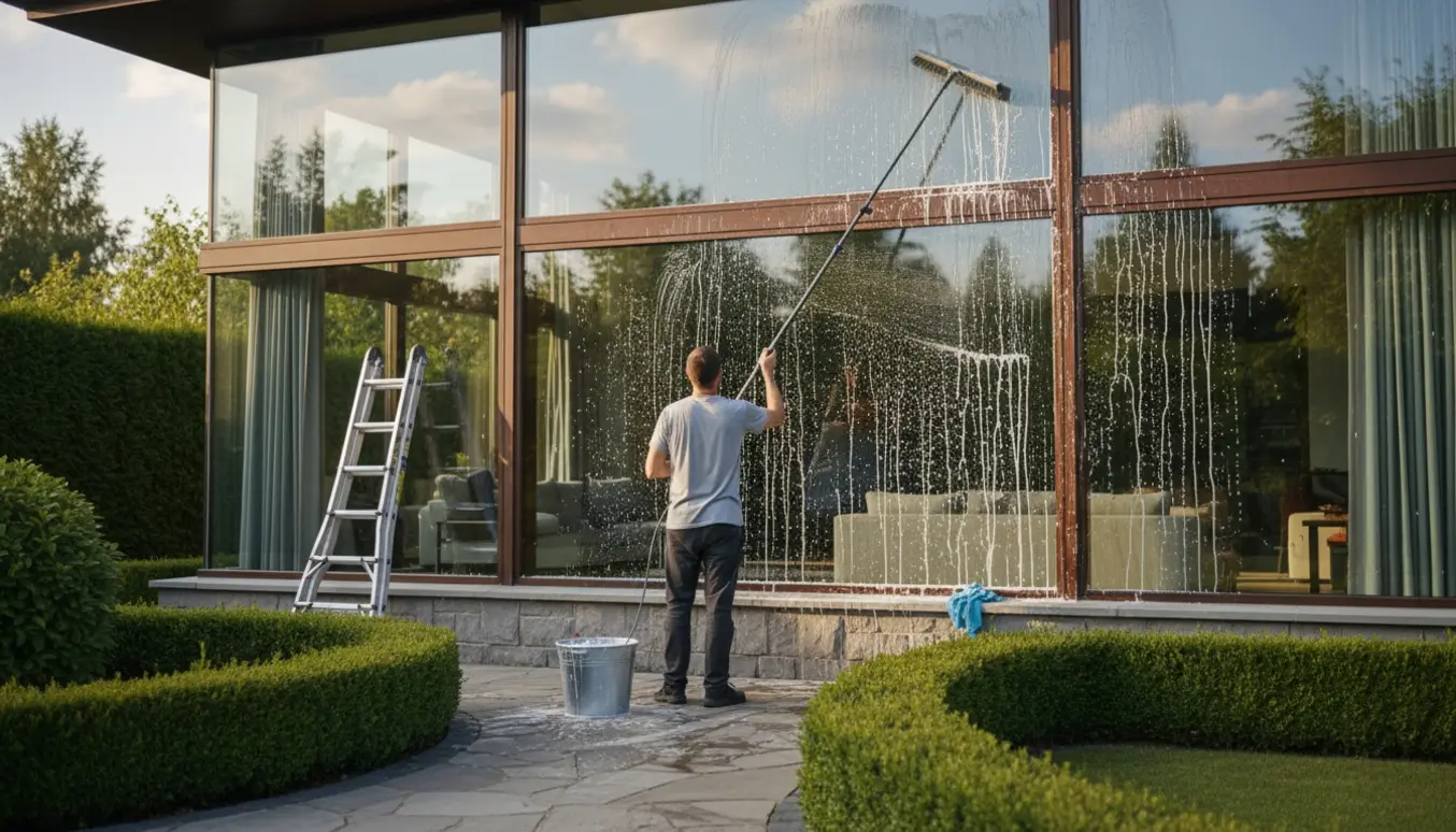Vinduespudser uden synligt ansigt bruger en teleskopstang til at pudse store ruder på et to‑etagers hus.