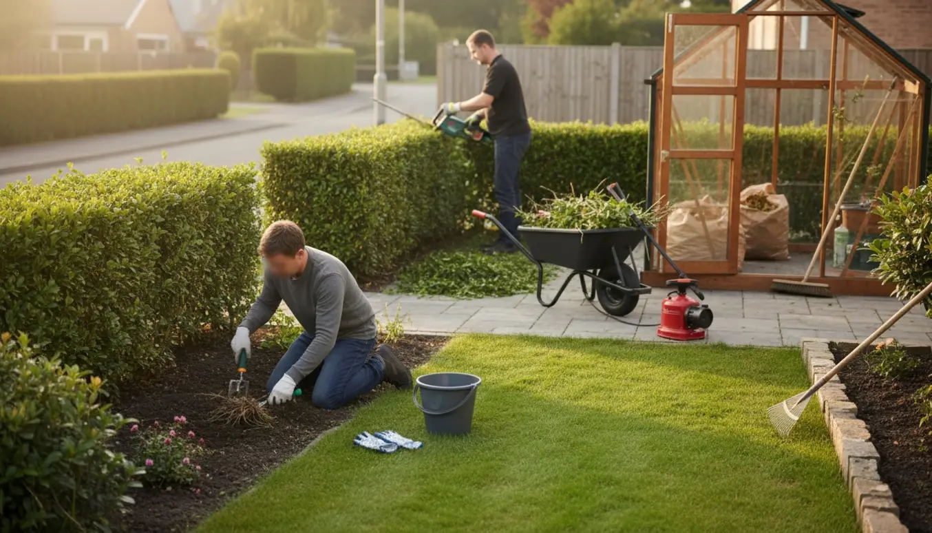 Havearbejde med hækklipning, lugning af ukrudt og fejet drivhus i morgensol.