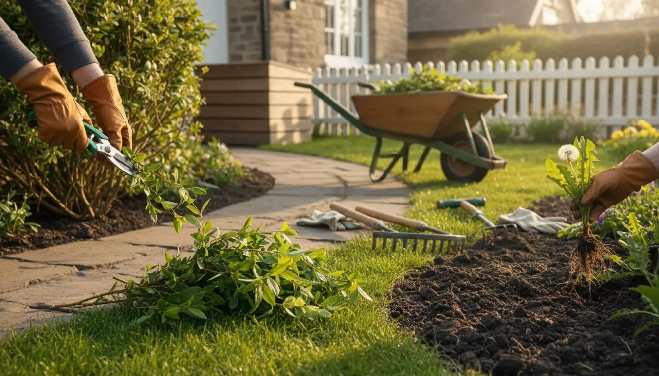 Hænder i handsker beskærer buske og trækker ukrudt i en forhave med haveredskaber og trillebør i varmt morgenlys.