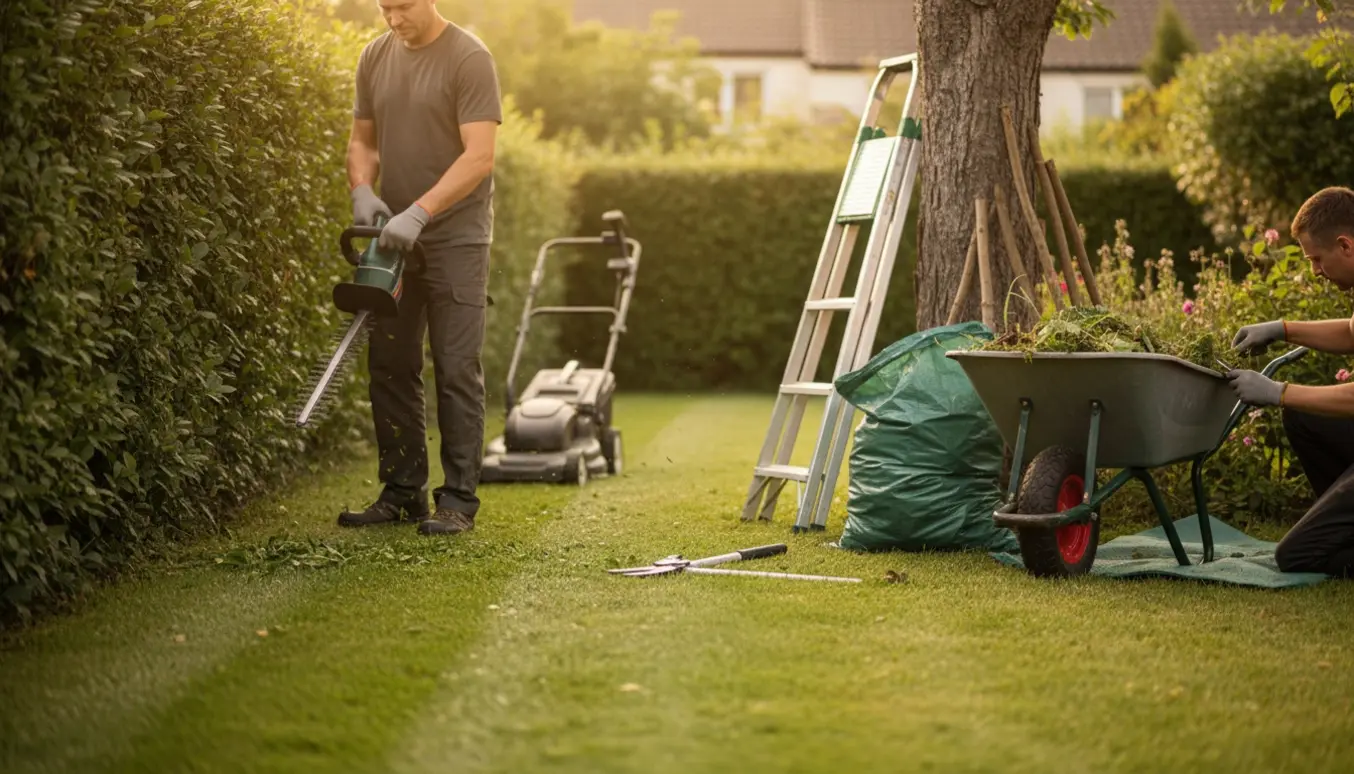 Havearbejde i en lille have med hækkeklipning, græsslåning, ukrudtsrens og en fyldt trillebør.