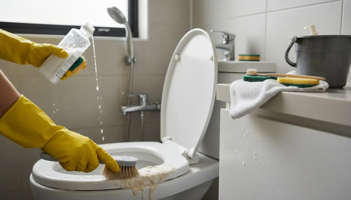 Hænder i gule handsker afkalker bruserhoved og toilet med børste og afkalkningsmiddel i et lyst badeværelse.