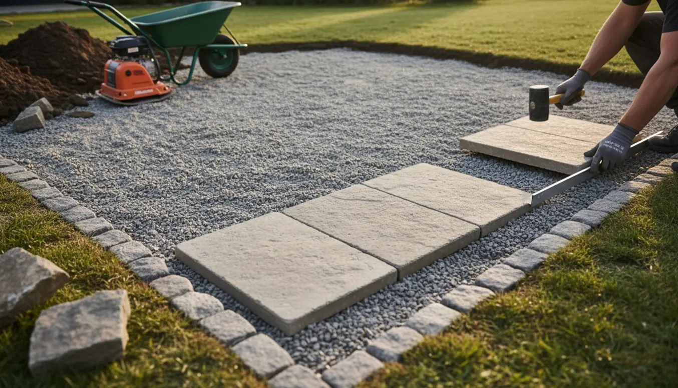 Nærbillede af fliselægning ved en skråning med betonfliser, holmegårdssten og værktøj, uden synlige ansigter.