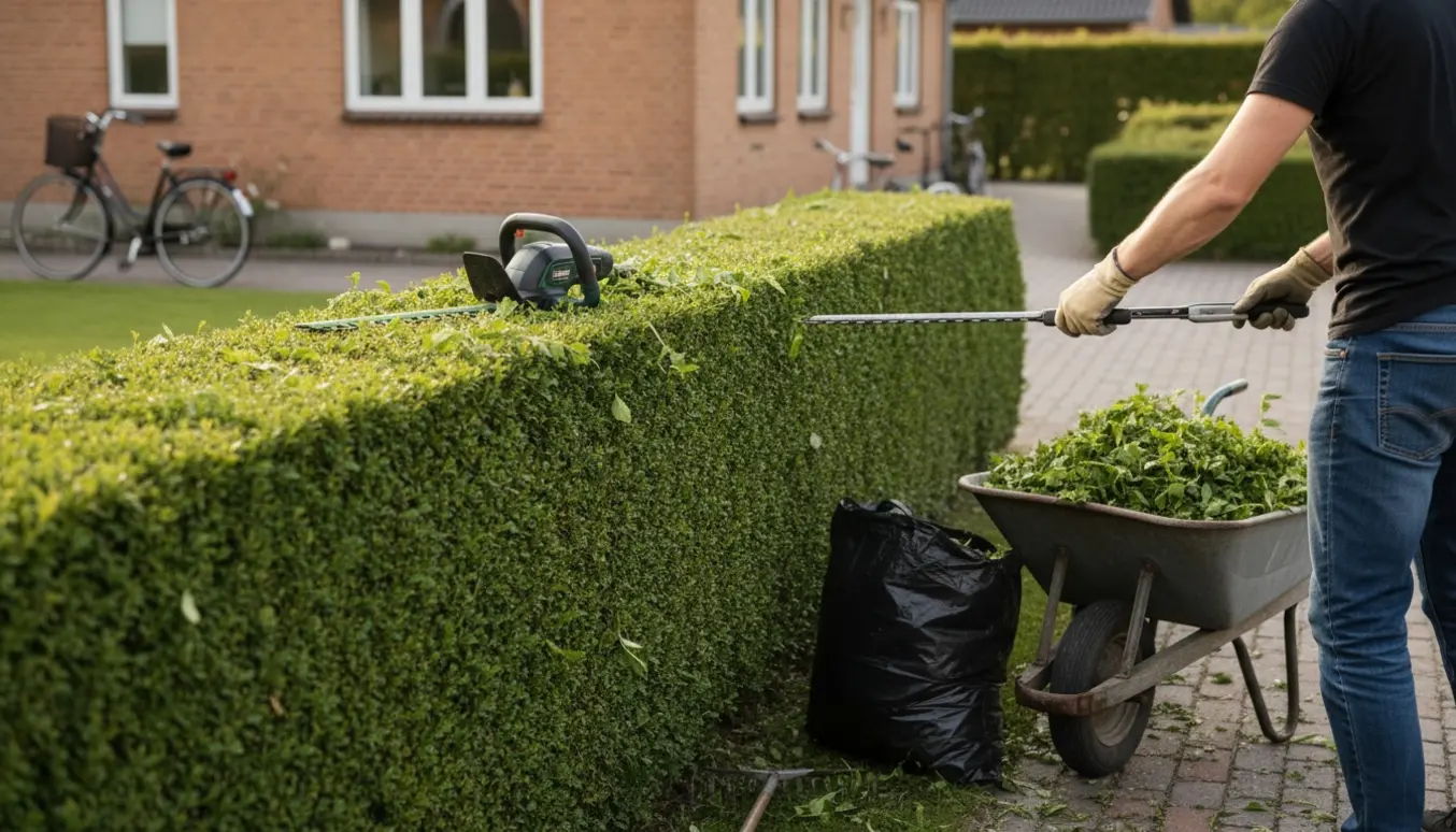 Udsnit af en forhave i Vanløse med en person, der trimmer en hækk og lægger afklippet i en trillebør.