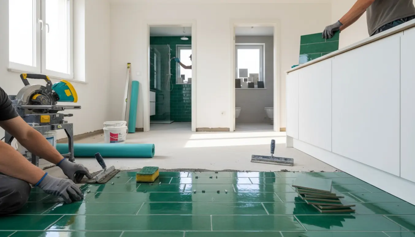 Hænder lægger emeraldgrønne gulvfliser i køkkenet med kig til badeværelse og gæstetoilet.