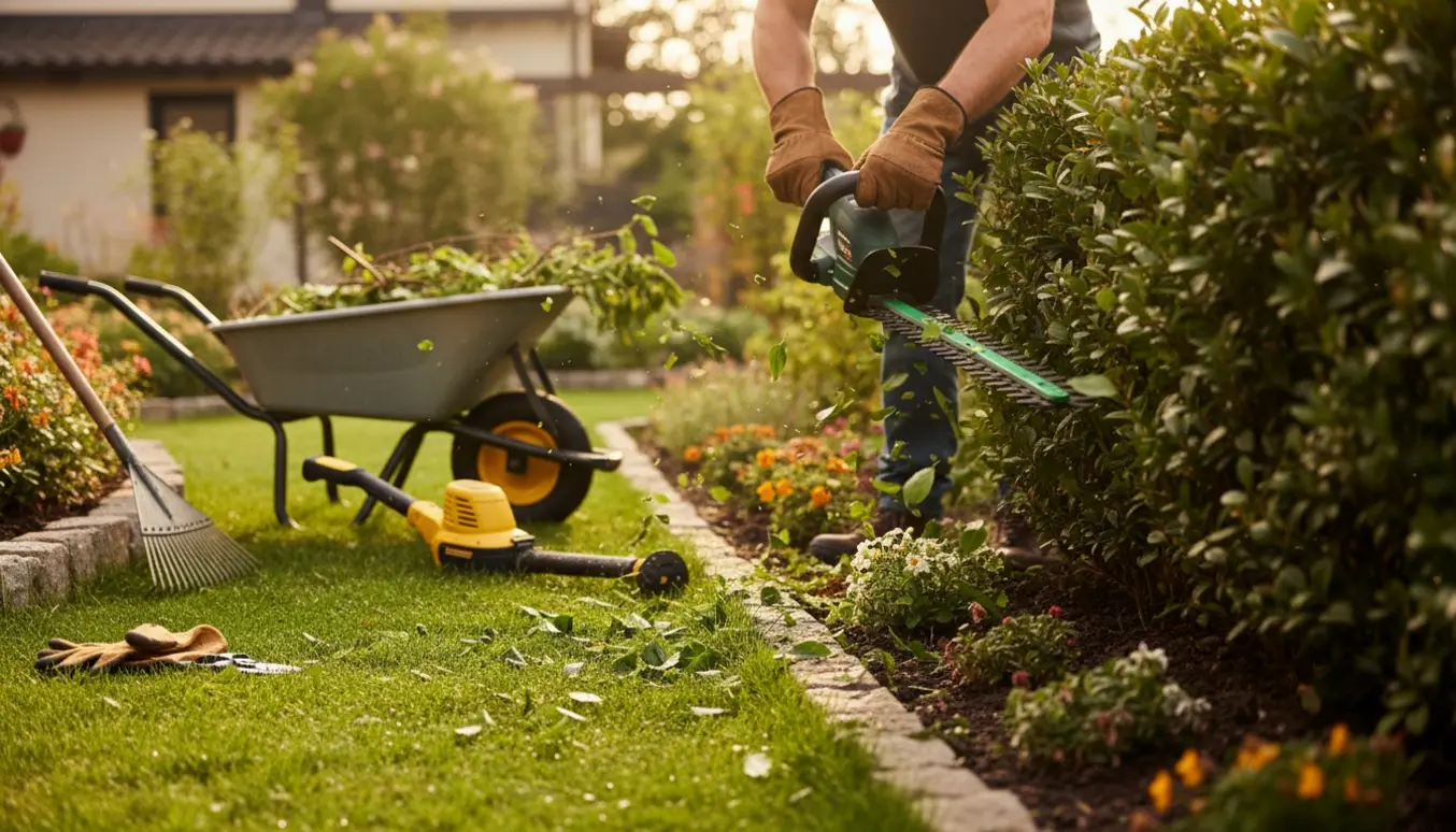 Hækkeklipning og græsstrimning i en solbeskinnet have med haveredskaber og nyslået græs.