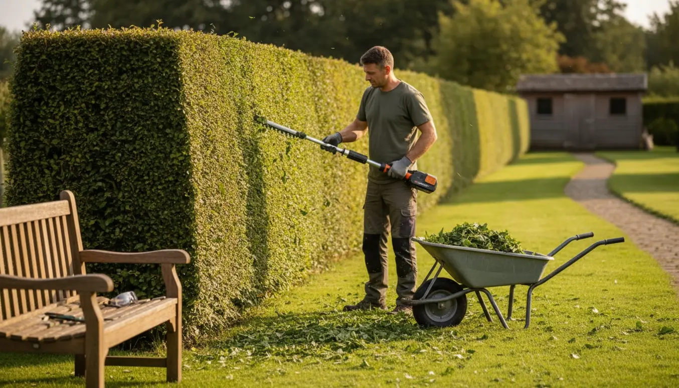 En person uden synligt ansigt klipper en lang hæk på cirka 1,9 m med en elektrisk hækkeklipper og samler afklip i en trillebør.