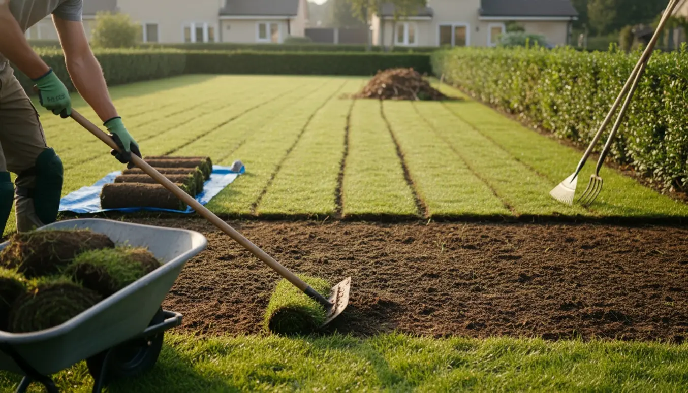 En have hvor eksisterende græsplæne er skåret af i strimler og rullet sammen, med værktøj og bar jord.