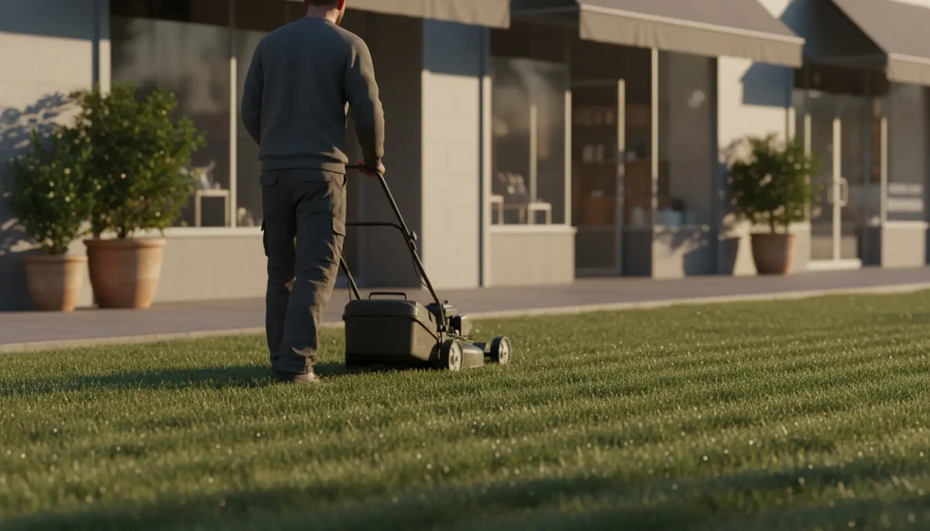En person slår græs foran en butik med en plæneklipper uden opsamlingspose, og afklip ligger spredt på græsset.