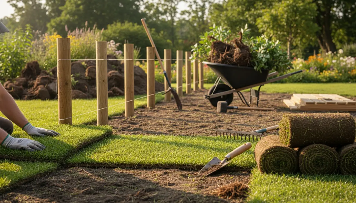 Hænder placerer rullegræs, mens buske er rykket op, og et nyt træhegn sættes op i baghaven.
