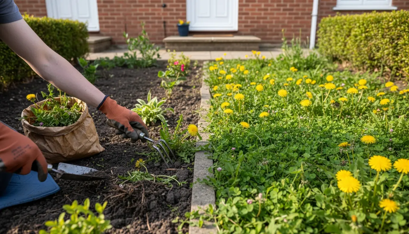 Hænder i handsker luger ukrudt i en lille forhave ved et rækkehus med værktøj og en bunke ukrudt.