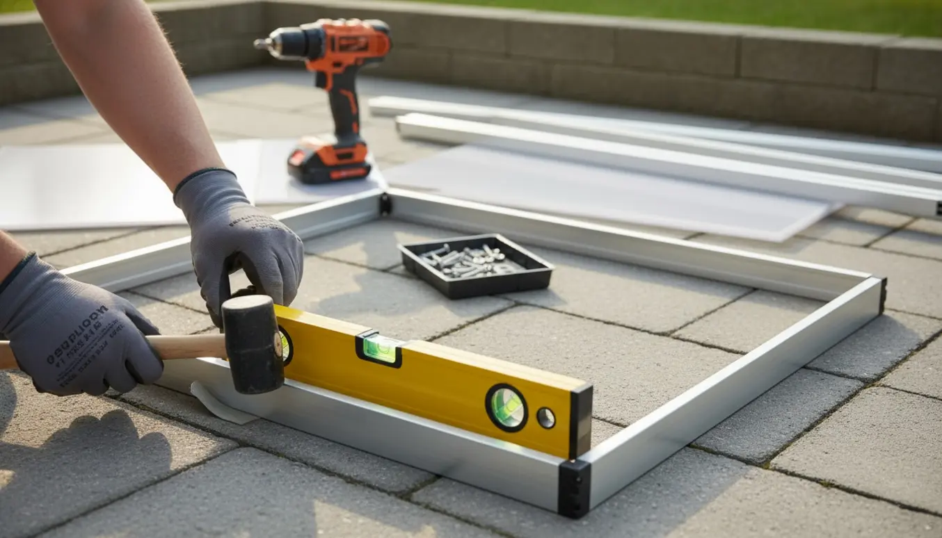 Nærbillede af hænder, der retter en drivhussokkel i vatter på ujævne fliser med vaterpas og kiler.