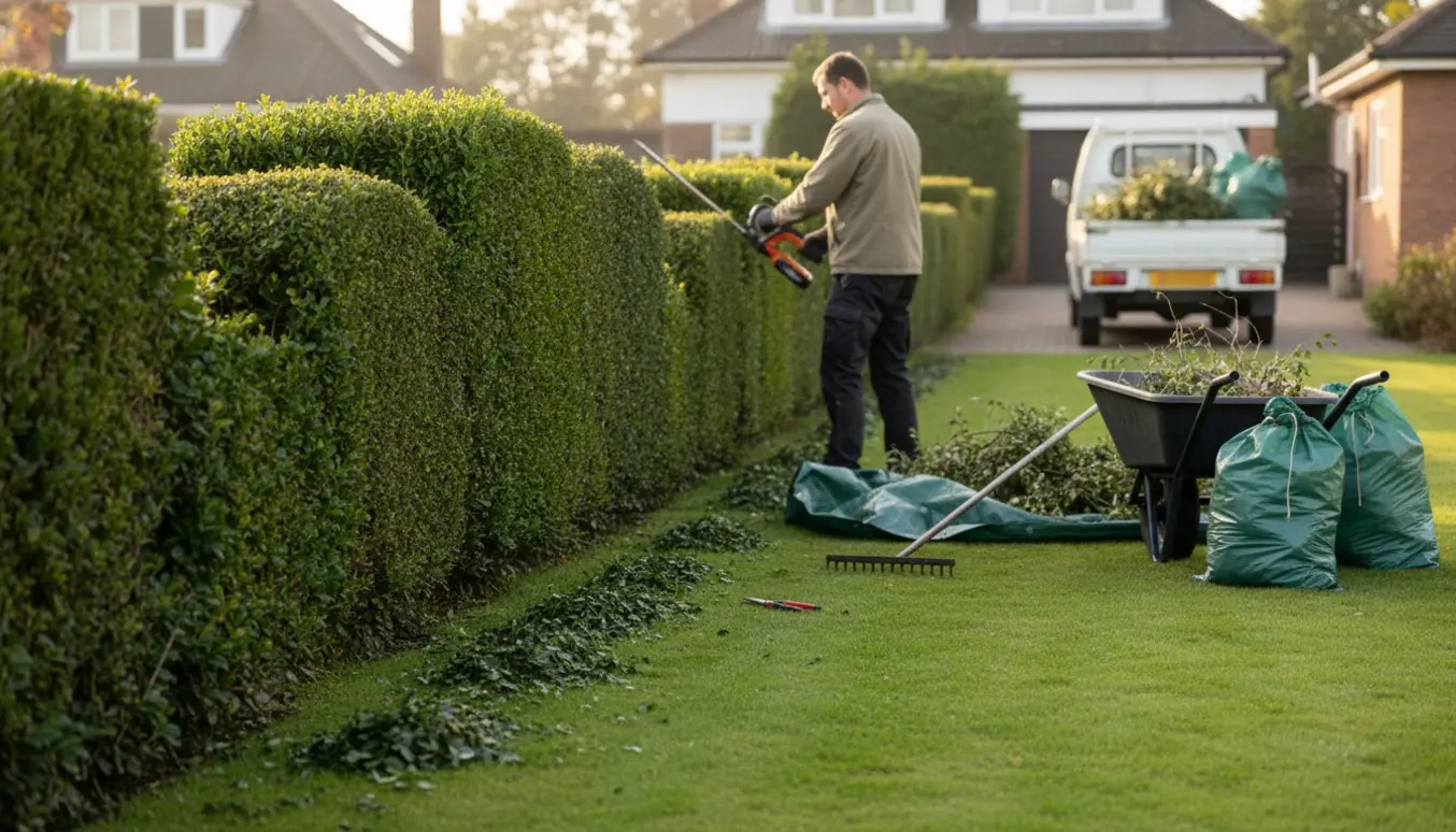 Lang ligusterhæk delvis klippet med hækkeklipper og afklip samlet i trillebør og sække klar til bortkørsel.