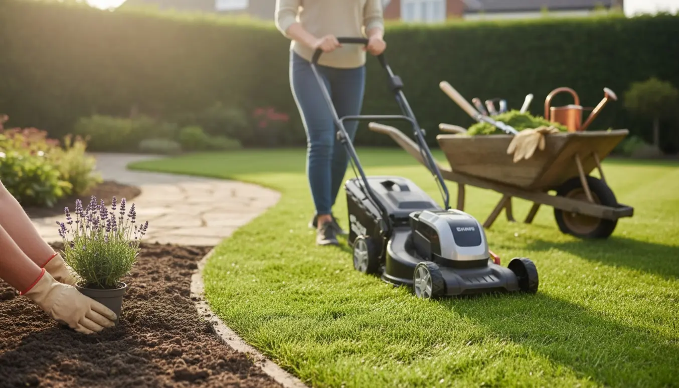 Nyslået græsplæne med en person set bagfra, plæneklipper og haveredskaber ved et blomsterbed.