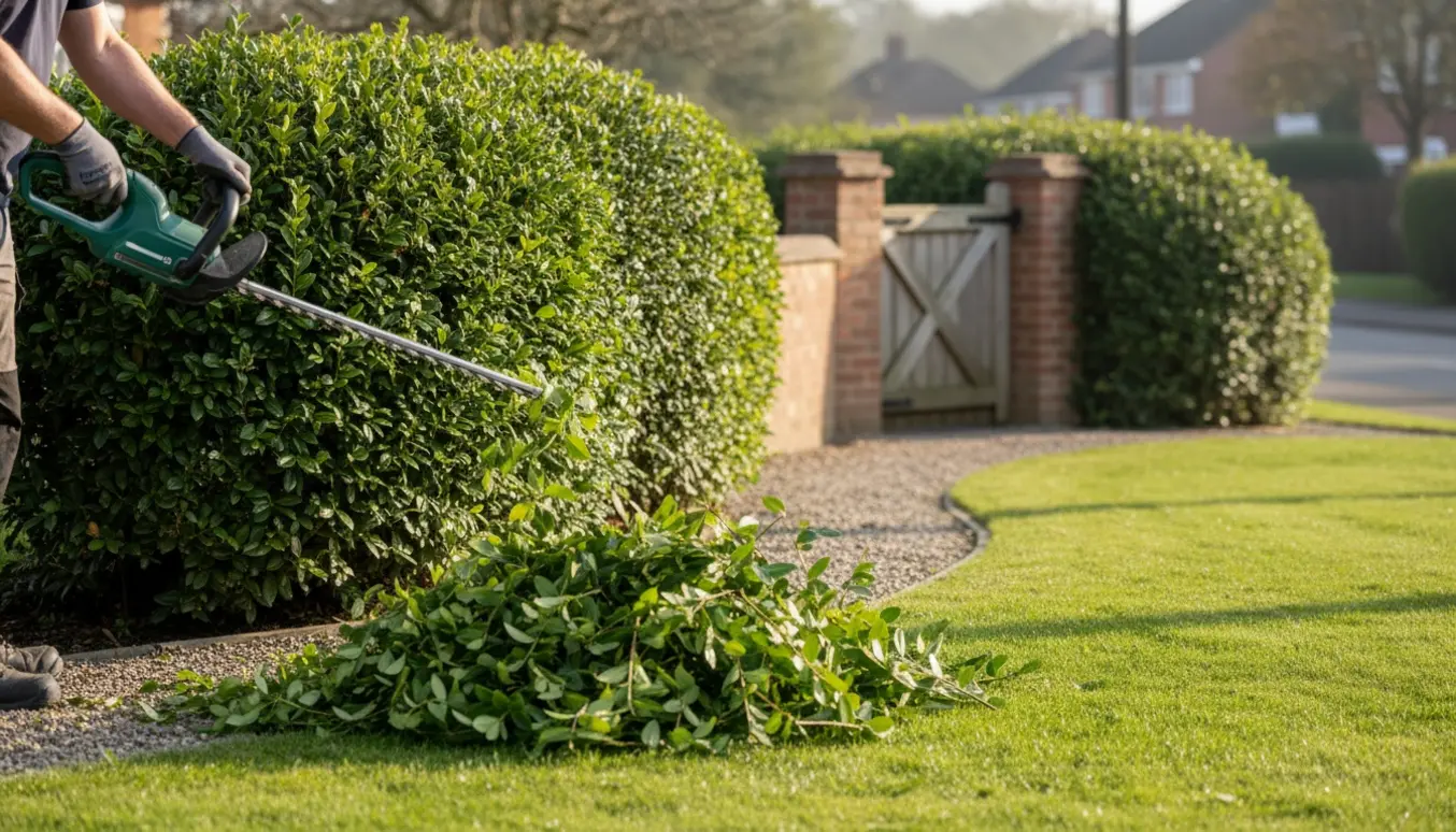 En havearbejder klipper en lang hæk med elektrisk trimmer, hvor både en dobbeltrækket og en enkelt række hæk er synlige.