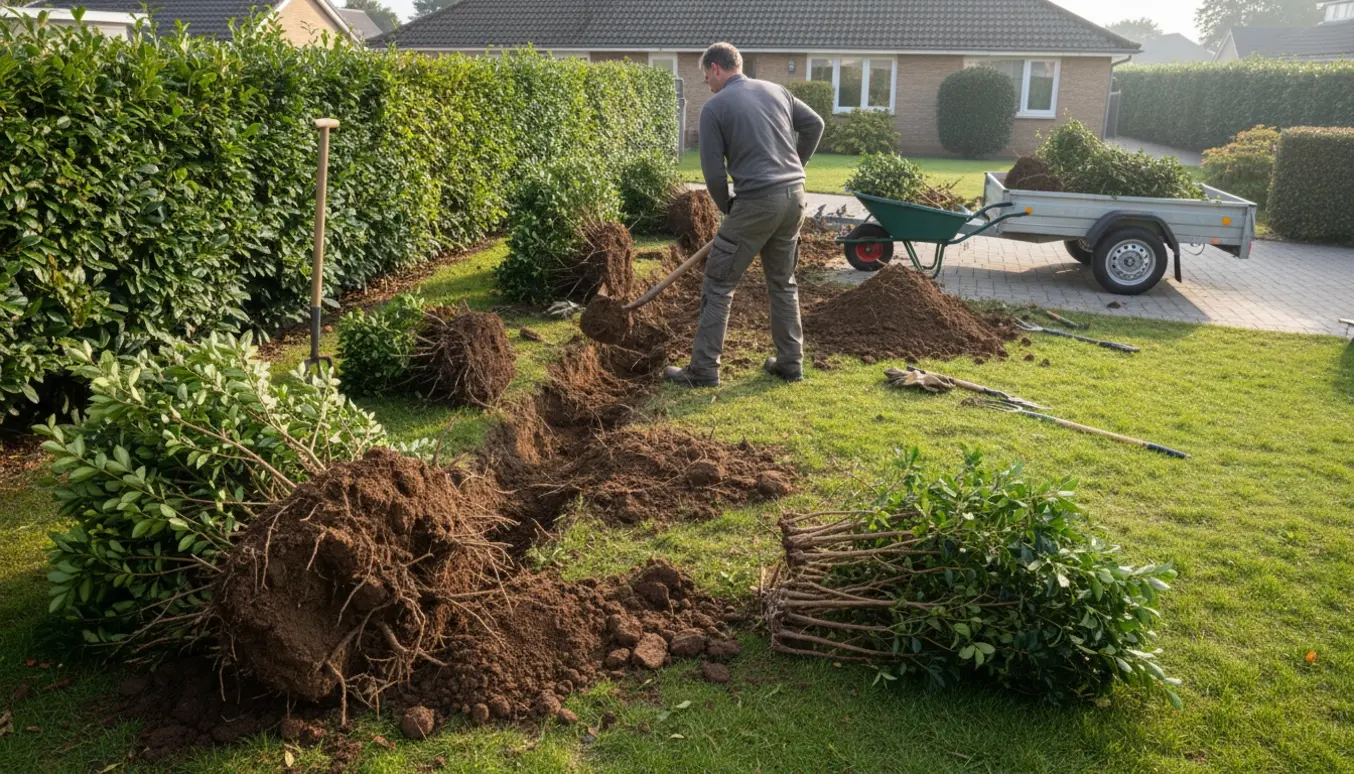 Opgravning af en 8 meter ligusterhæk med eksponerede rodklumper, trillebør og trailer klar til bortkørsel.