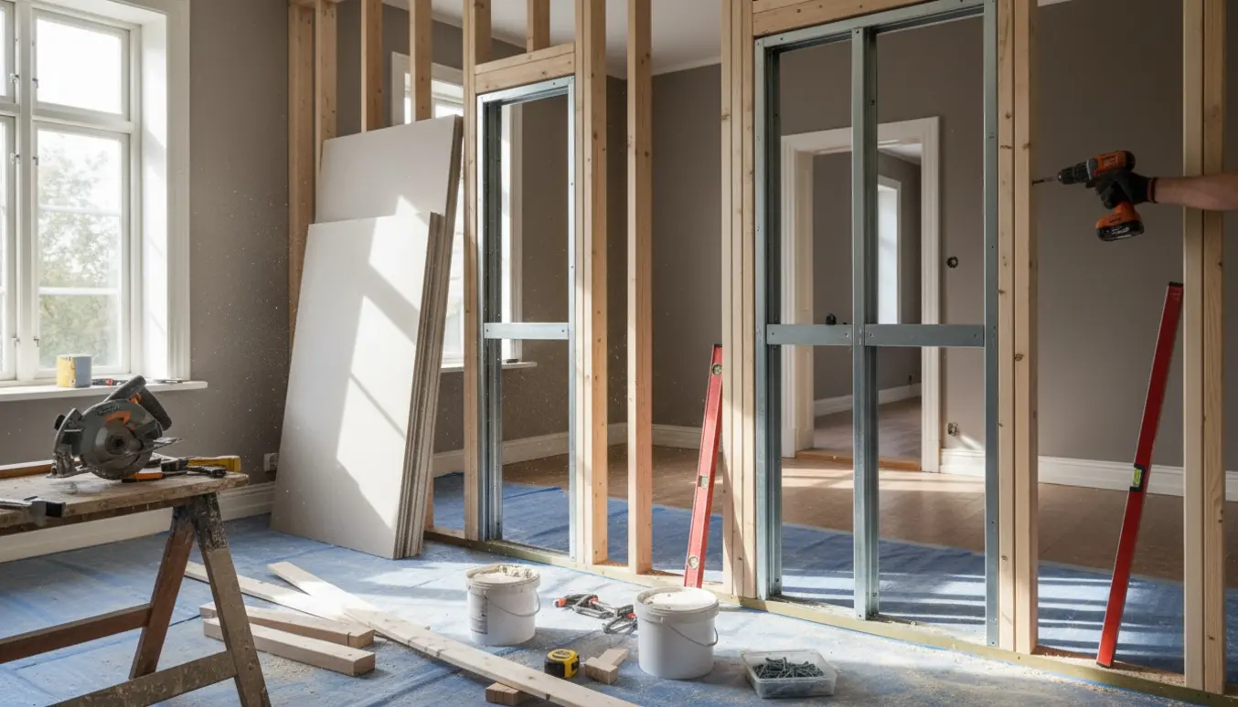 Indendørs byggeplads med to nye indervægge og indbyggede pocket-døre under opbygning, værktøj og materialer synlige.