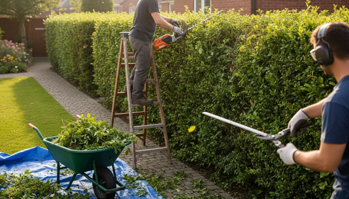En person trimmer toppen af en tæt grøn hæk med stige og værktøj i en solrig have.