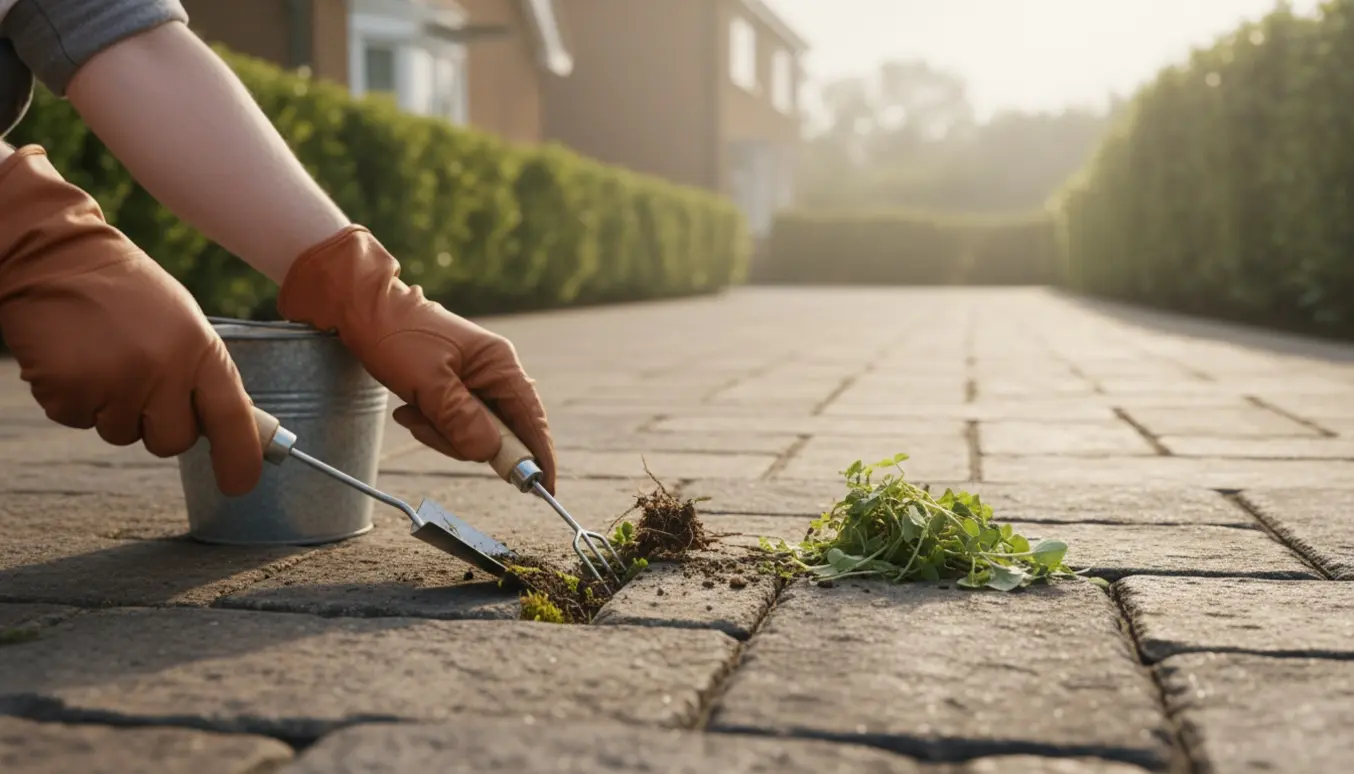 Hænder i handsker fjerner ukrudt mellem fliserne i en indkørsel ved en veltrimmet hæk.