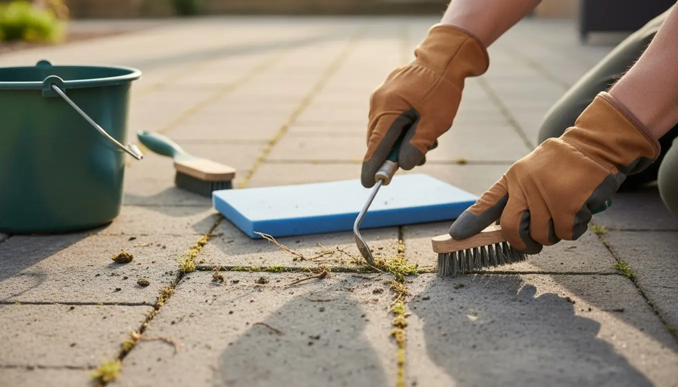 Nærbillede af handskerklædte hænder, der fjerner ukrudt og mos mellem fliser med en metalrydder og børste på en solbeskinnet terrasse.
