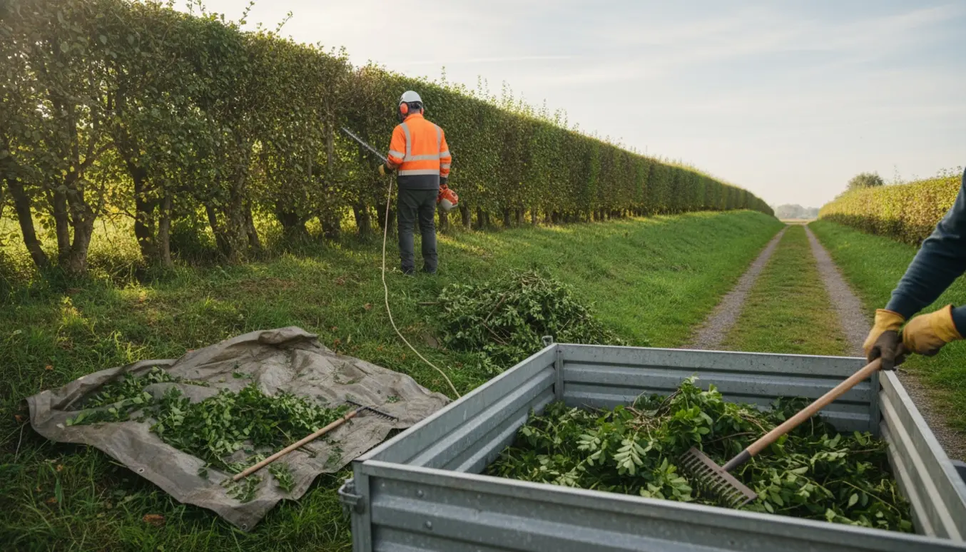 Hækklipning på en stejl skråning med hækkeklipper, trailer og bunker af afklippede grene.