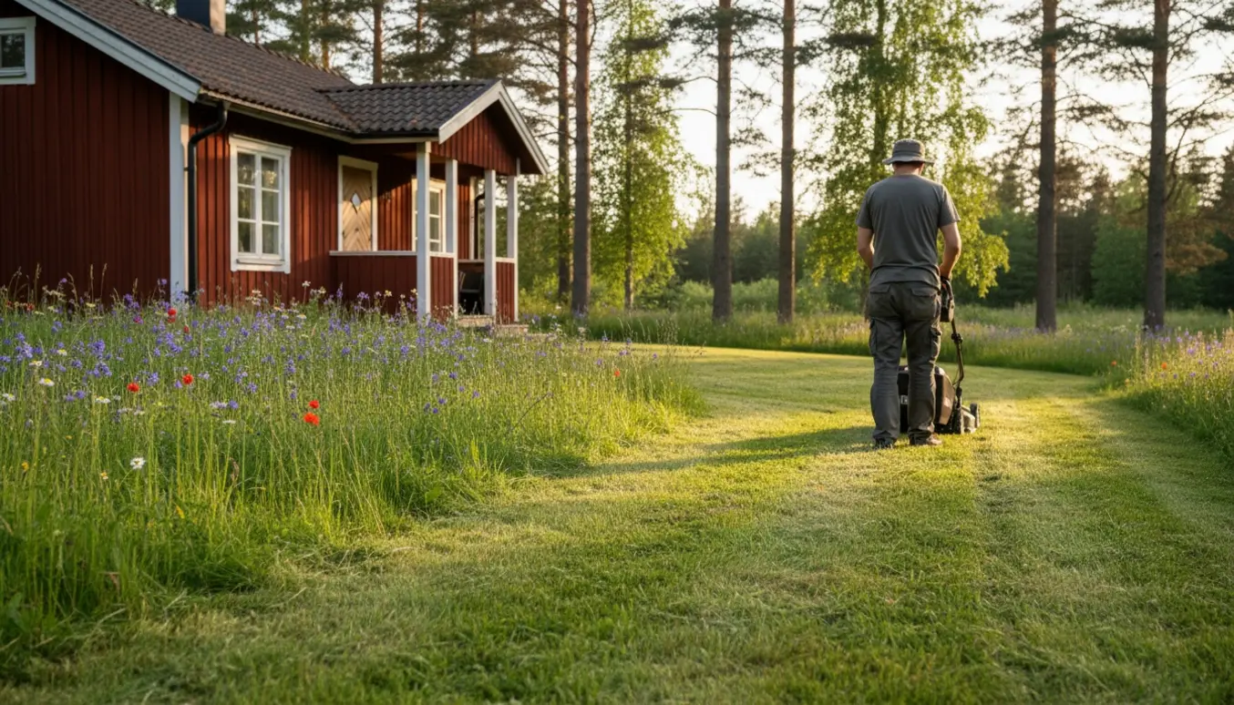 Person slår græs ved et rødt træsommerhus, med tydelig forskel mellem højt urørt græs og nyklippet plæne.