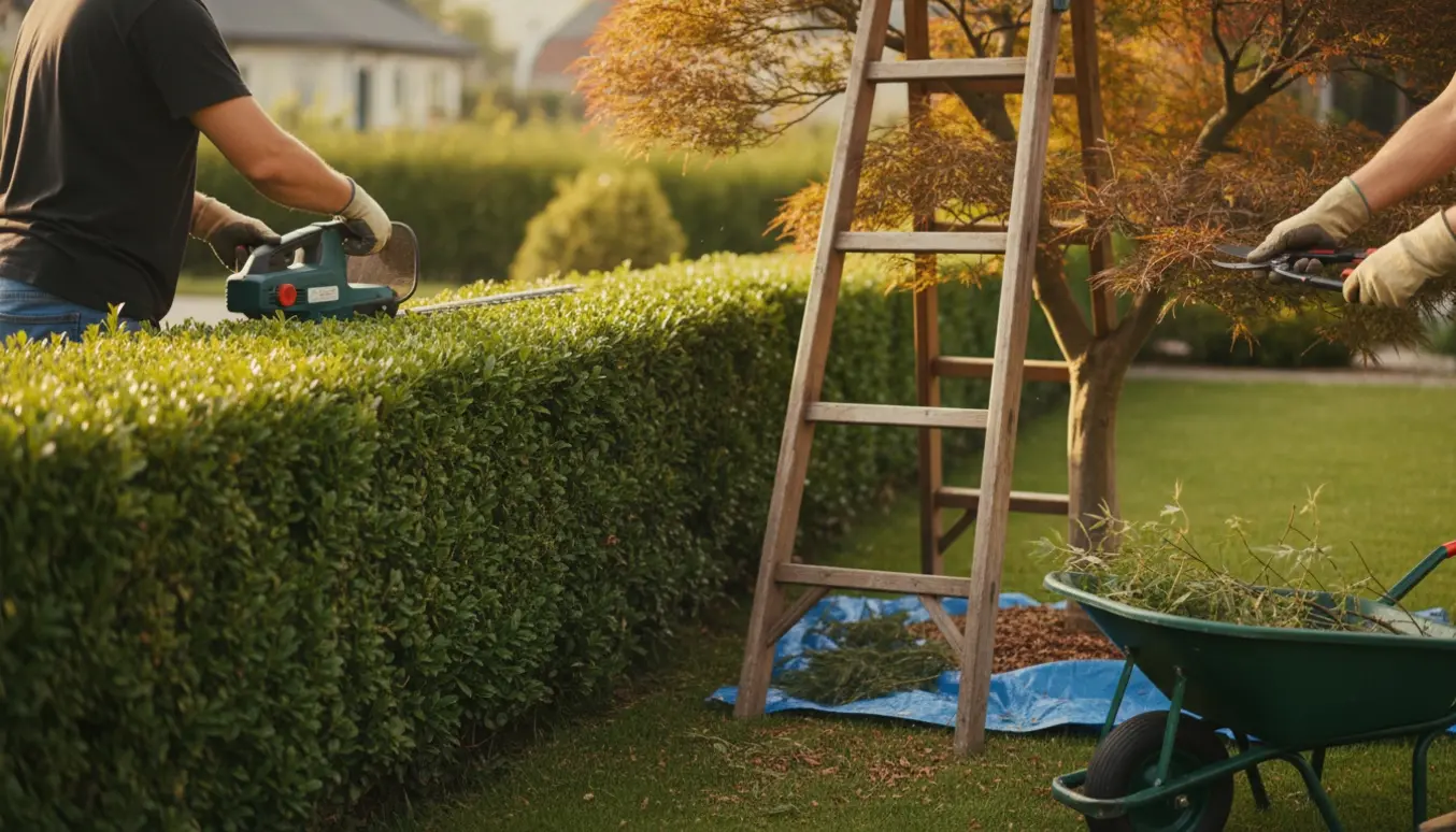 Person trimmer en hæk og beskærer et træ i en solrig have med beskårne grene samlet i en trillebør.