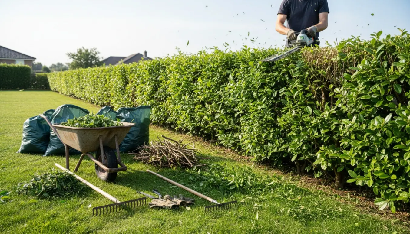 Person trimmer hæk med elektrisk hækkeklipper og trillebør fyldt med afklip ved siden af.