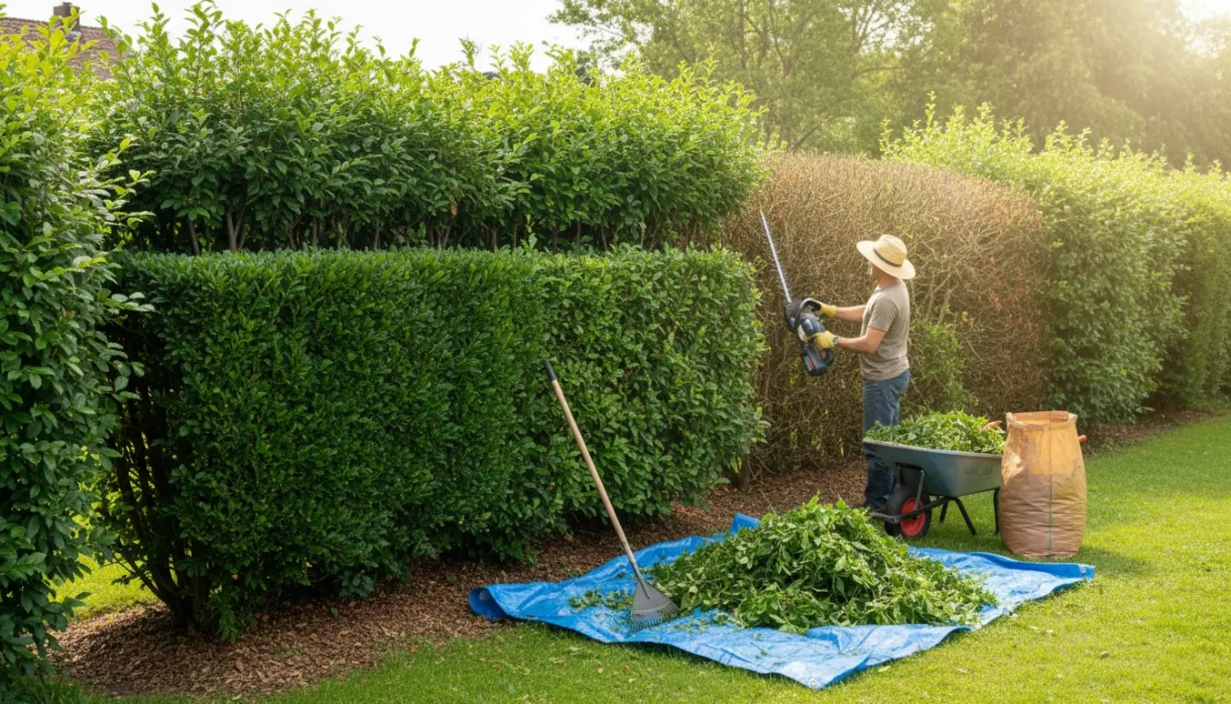 Sommerbillede af hækklipning med afklip samlet i trillebør og presenning, uden synlige ansigter.