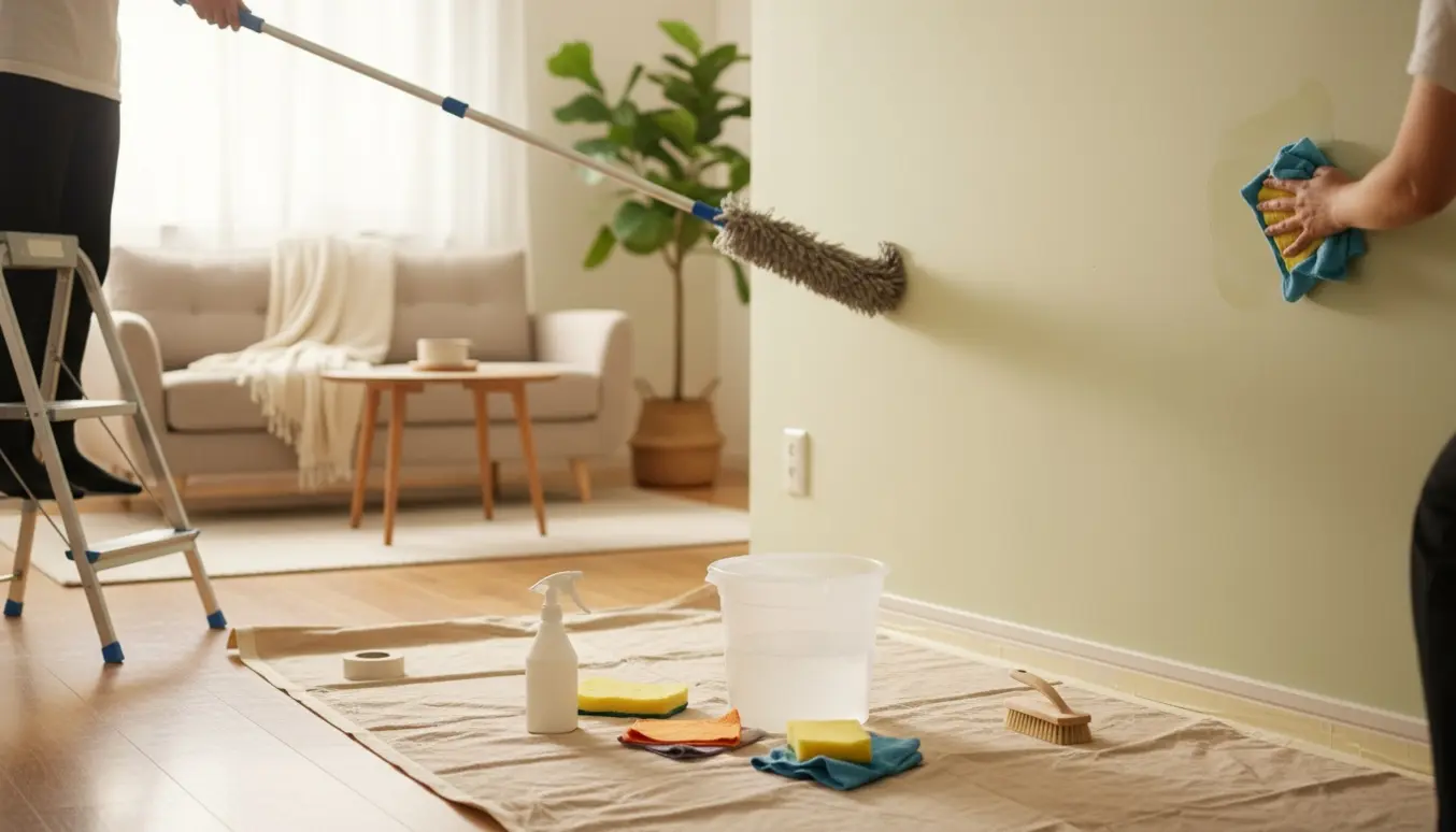 Personer rydder og rengør lofter og vægge i en lille lejlighed med stige, moppestang og spand.