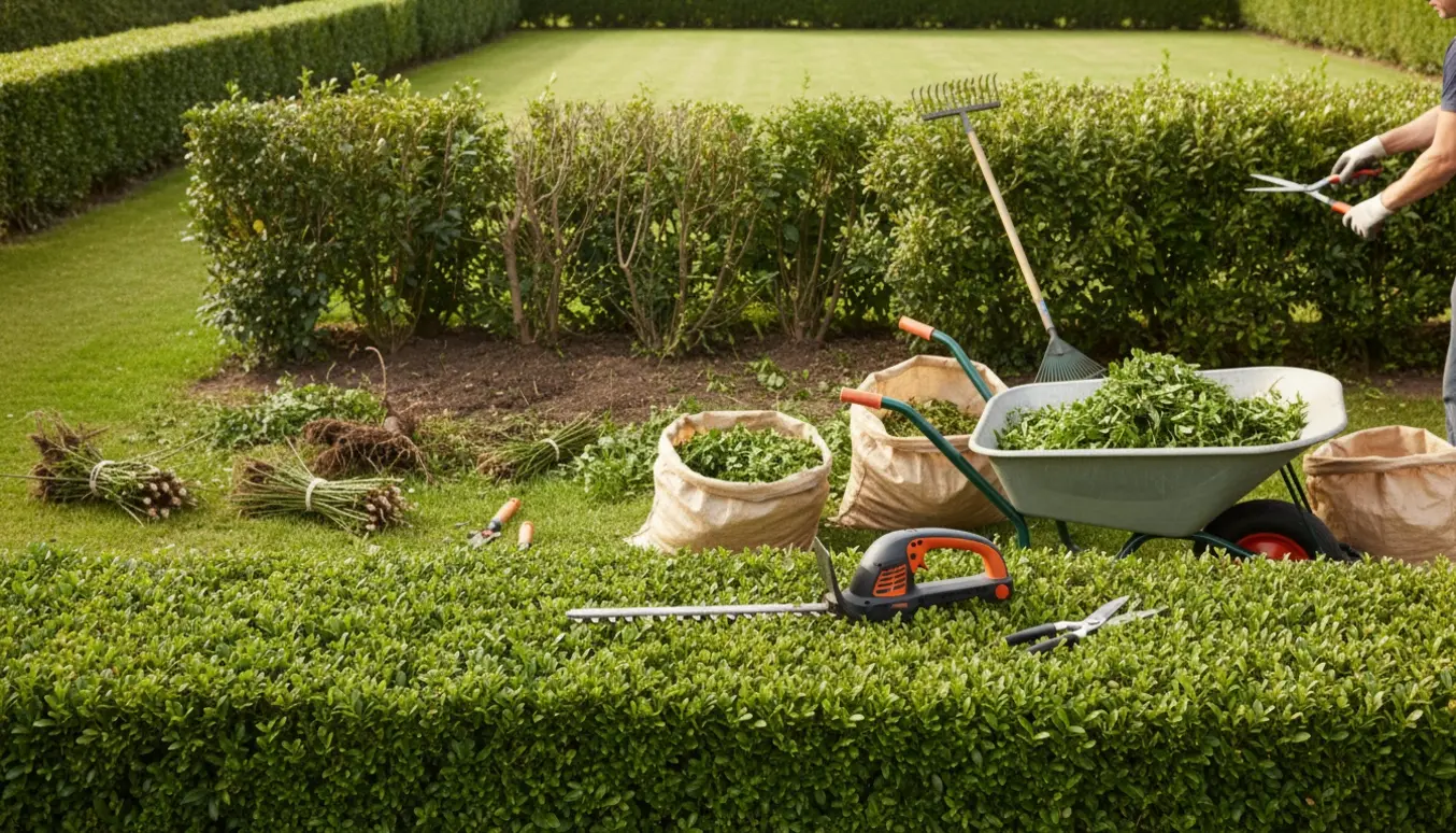 Person klipper ligusterhæk og fjerner ukrudt med værktøj og trillebør ved siden af.