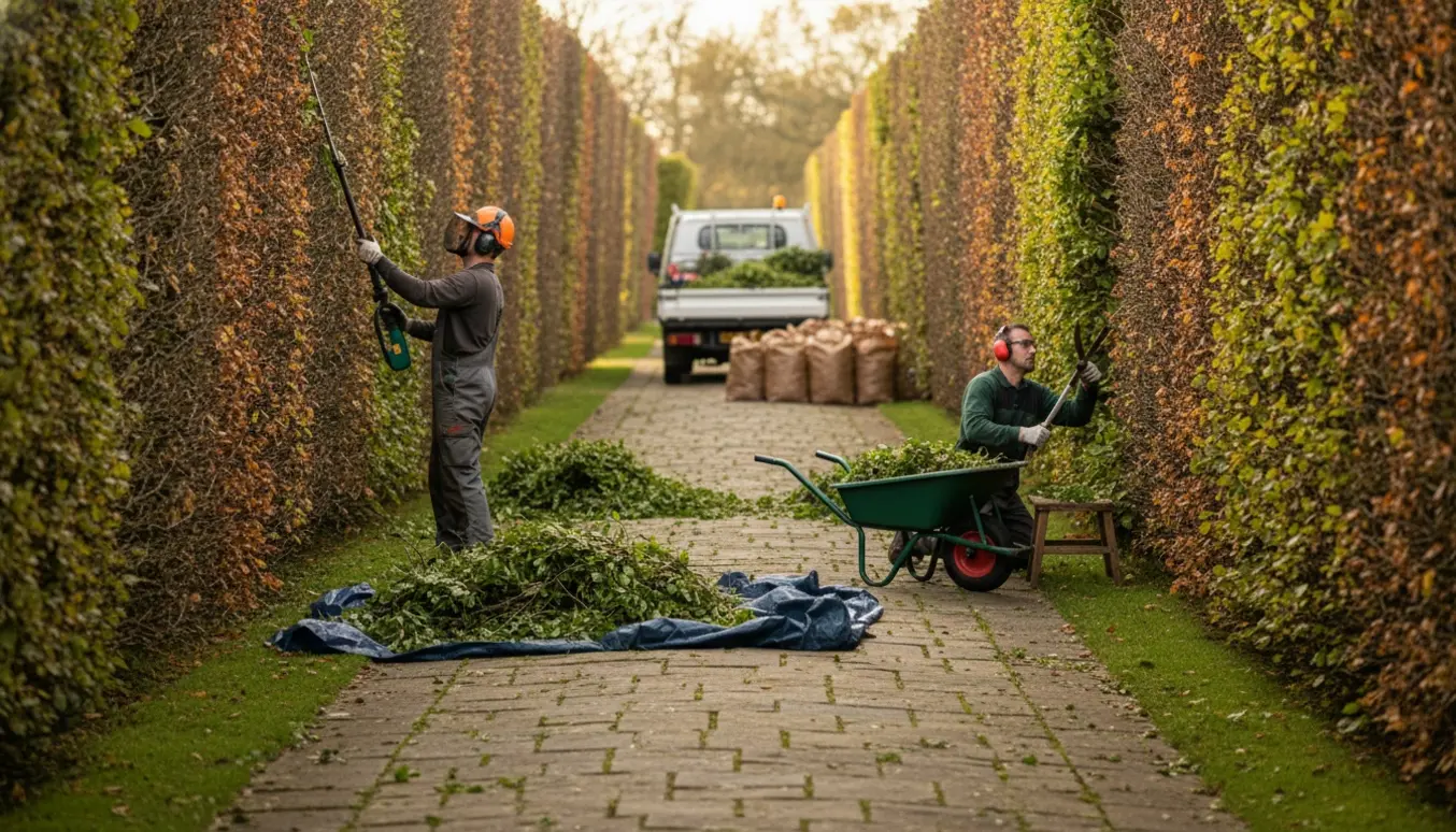 Lang havegang med bøgehække på begge sider under klipning, bunker af afklip og en trillebør klar til bortskaffelse.