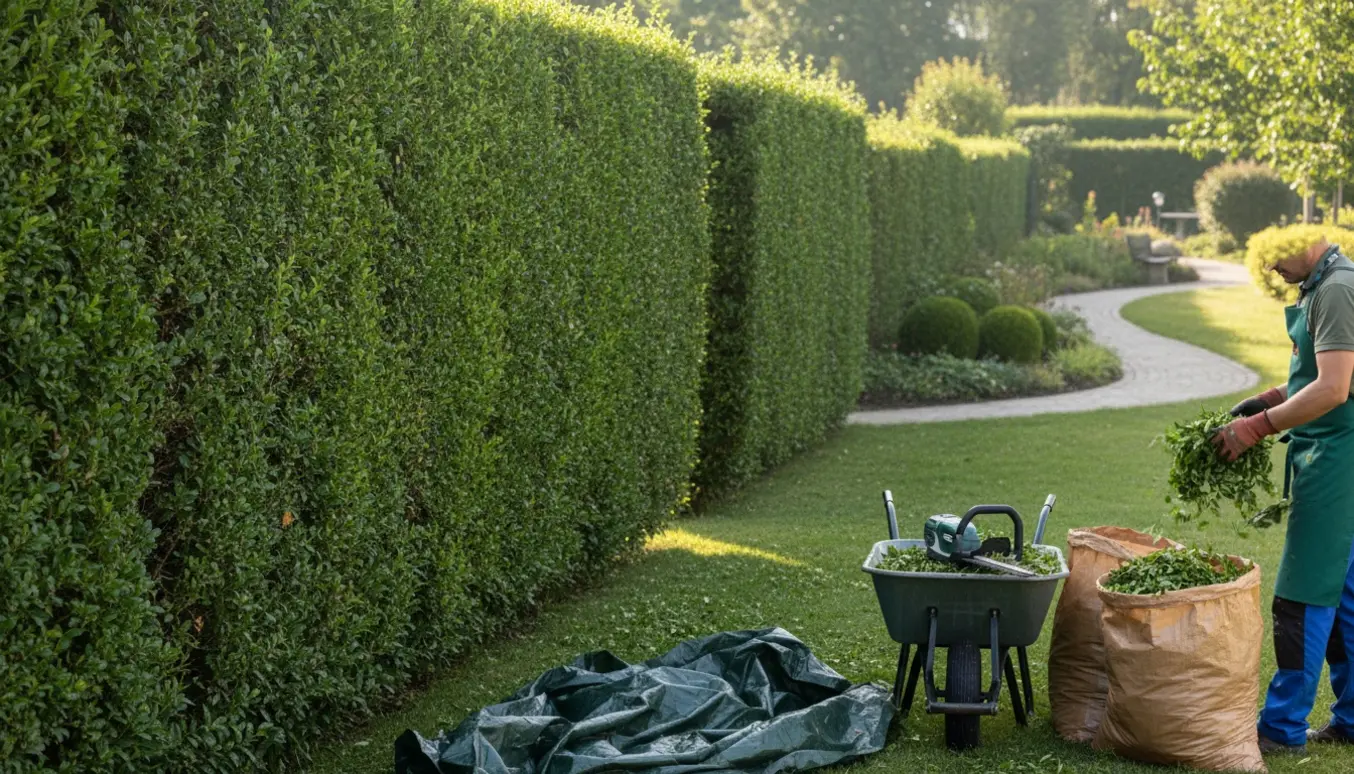 Lang ligusterhæk med nyklippede sektioner og affald samlet i trillebør og poser.